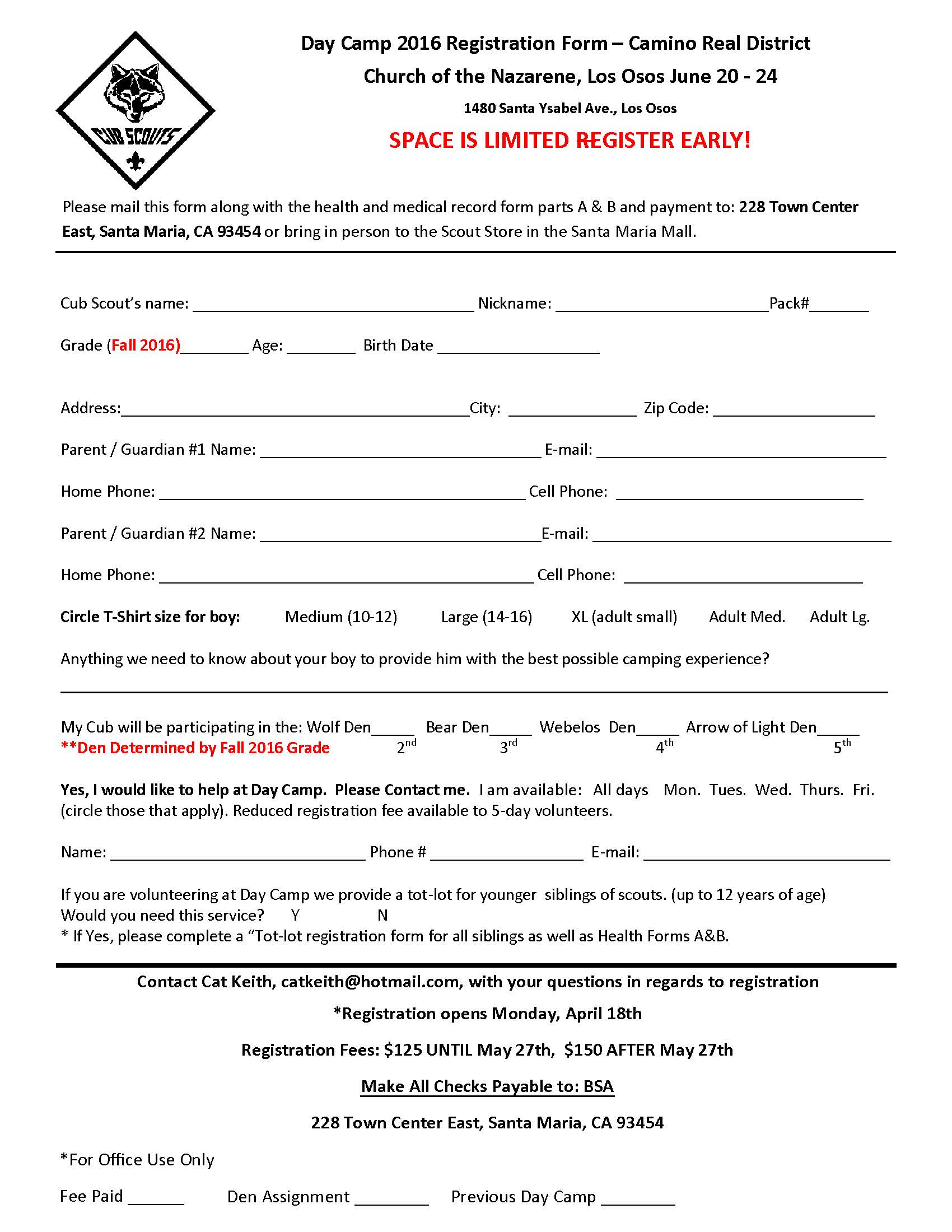 Registration Form for 2016 Cub Day Camp